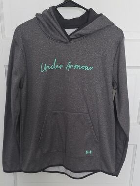 Under Armour Womens Charcoal Gray Hoodie with Teal Script Logo
